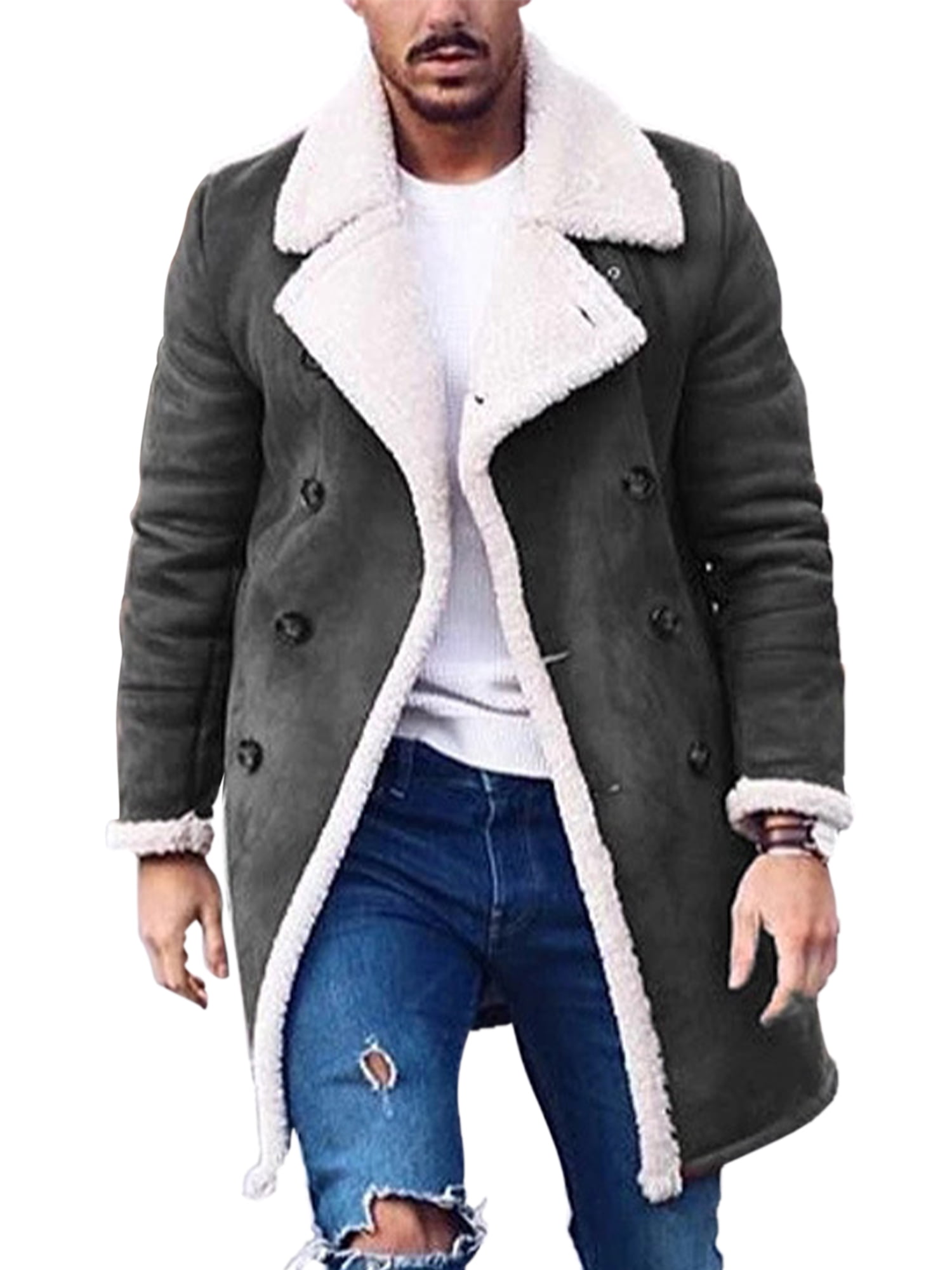 Plus Size Winter Warm Trench Coat Jacket for Men Thicken Lapel Cardigan Sweatshirt Long Sleeve Breasted Pea Coat Overcoat - Walmart.com