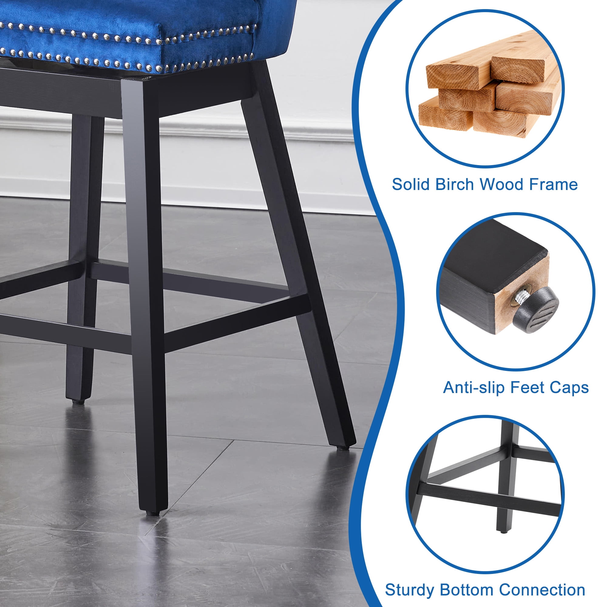 TEWLOSS 30" Swivel Bar Stools Set of 3, Blue Velvet Bar Height Chairs with Back for Home Pub