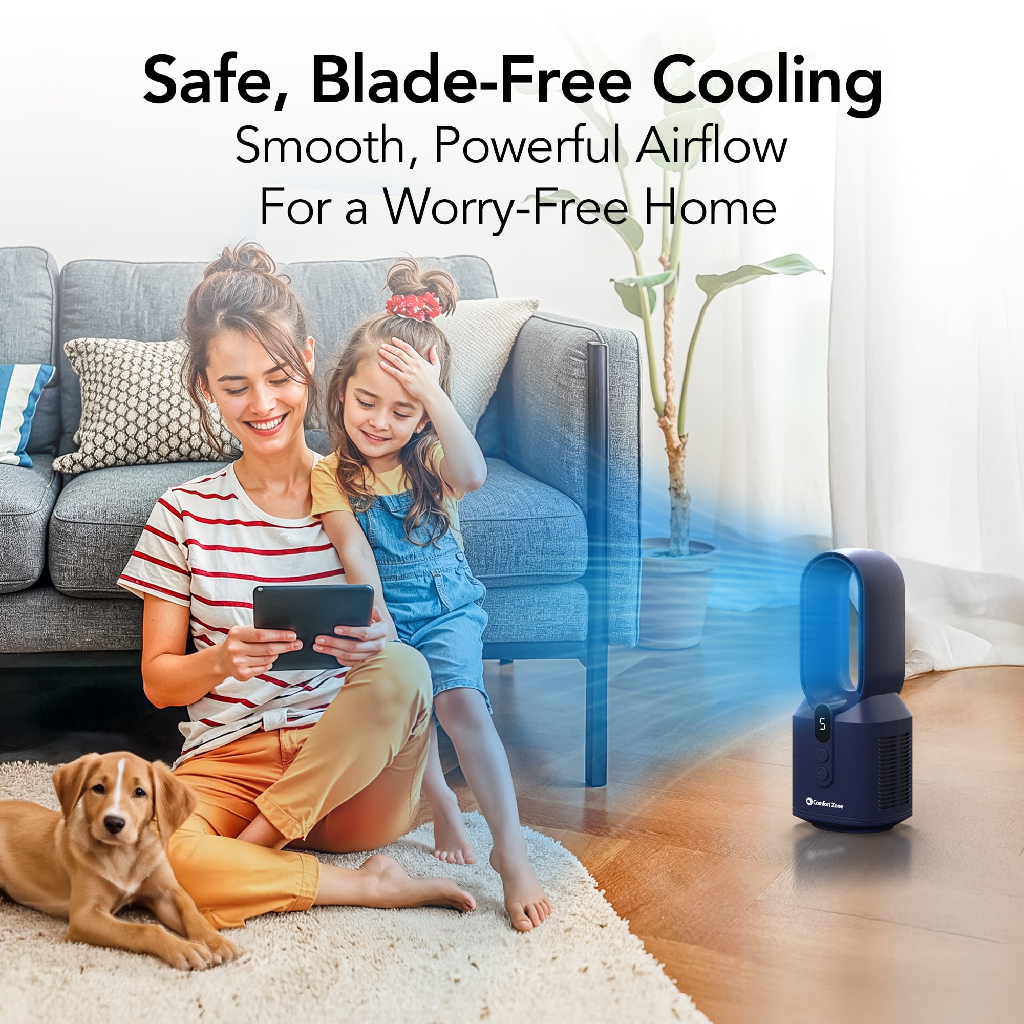 Comfort Zone 14" Rechargeable Bladeless Tabletop Fan, Navy