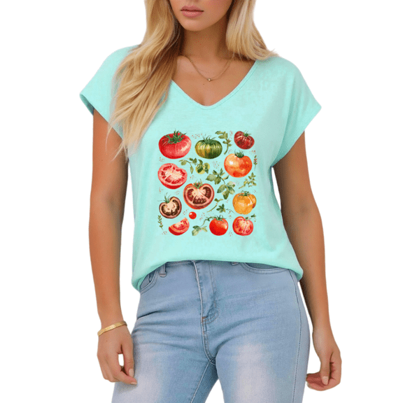 Giffimy Women's Watercolor Heirloom Tomato Print Blue S-5XL V-Neck Sleeveless T-Shirt Gardener Summer Tank Top