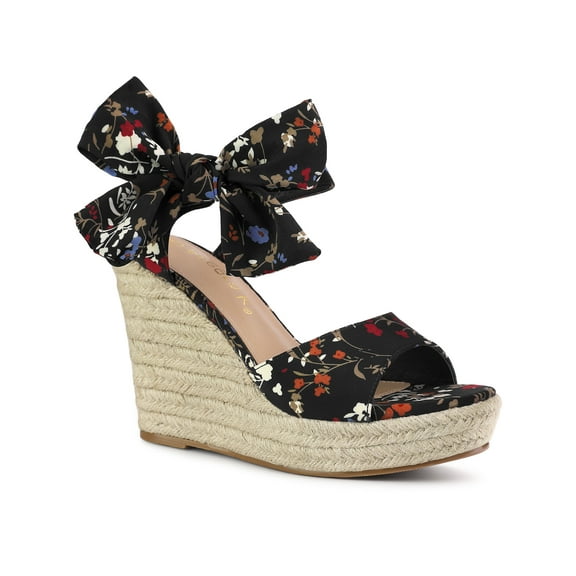 BLISSFUL STEP Women's Shoes Floral Printed Bow Tie Platform Slingback Espadrille Wedge Sandals Black 7