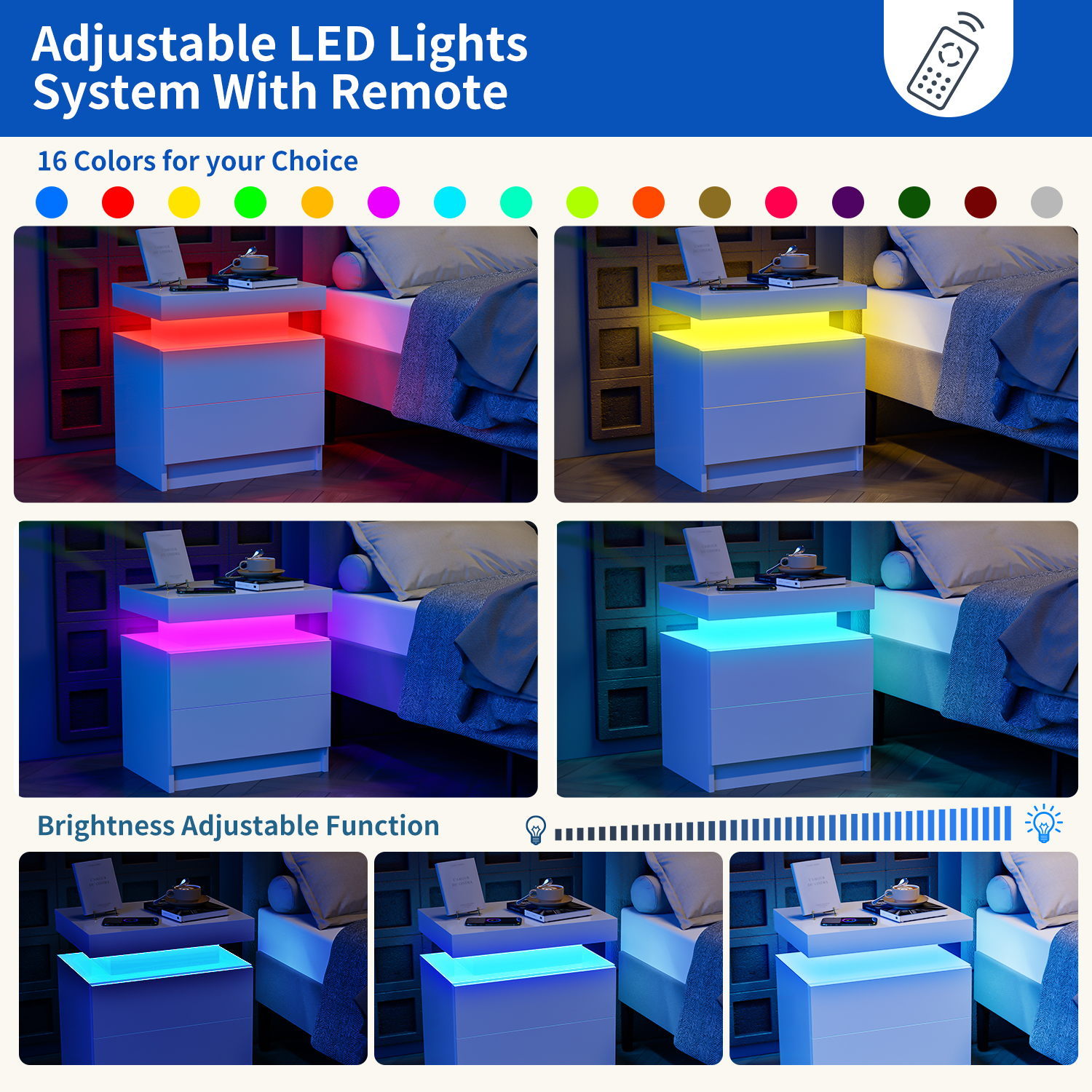 Cubehom LED Nightstand Set of 2 Modern Wood Bedside Table with 2 Drawers Table for Adults Bedroom Room White