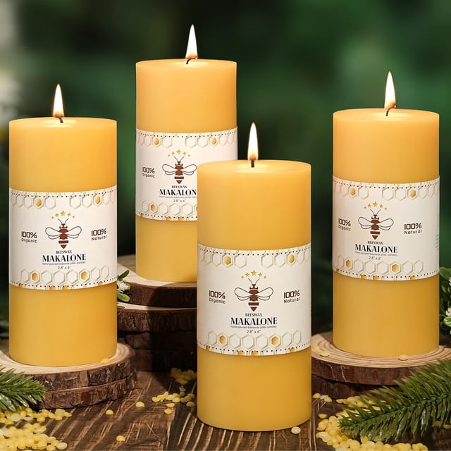 4 Pack Natural Beeswax Pillar Candles,100% Pure Beeswax Candles-380 Hours Long Burning,2.8x6in Unscented Bees Wax Candle for Home,Prayer,Emergency,Dr