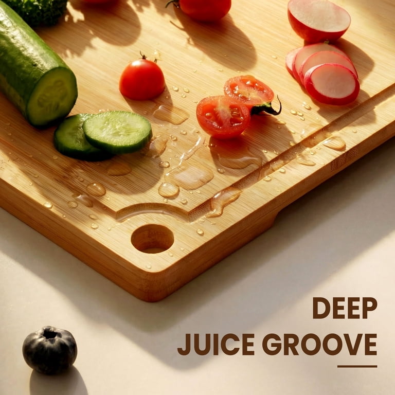 Kikcoin Bamboo Cutting Board Set, 3 Pieces with Hooks photo 3