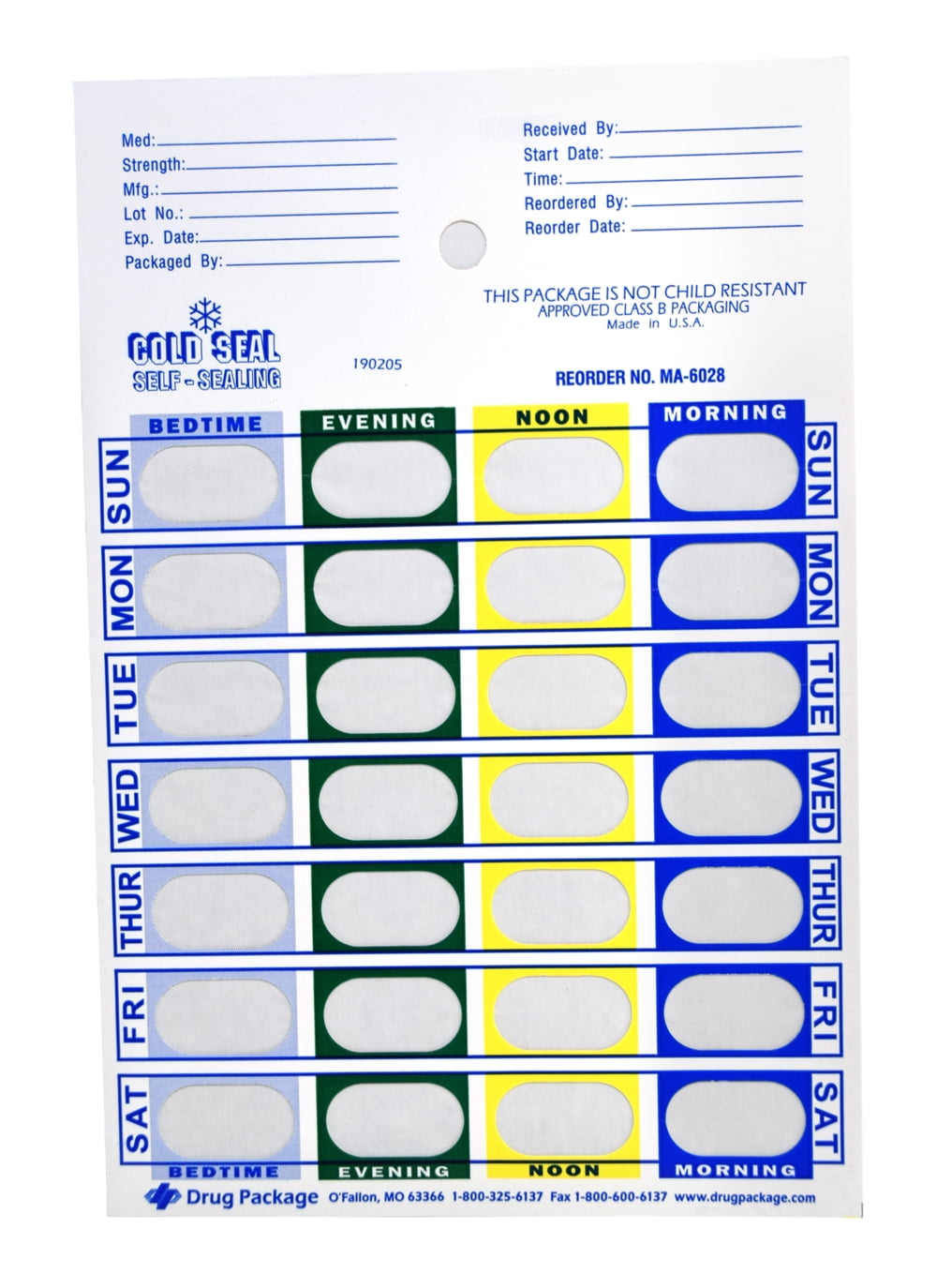 PillThing 4 Time a Day Weekly (7 Day) Cold Seal Pill Blister Pharmacy Foil Pack System Cards