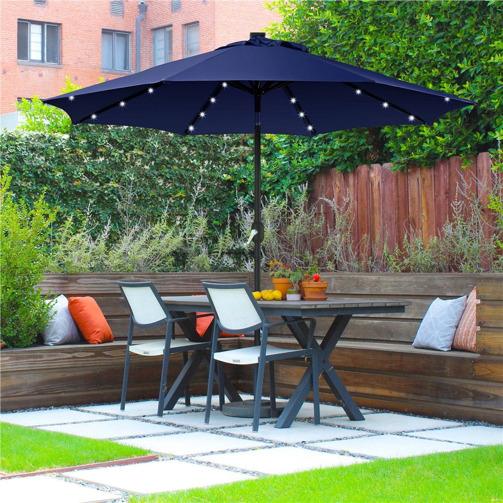 Renwick 9ft Outdoor Market Patio Umbrella with 32 LED Lights, Navy Blue