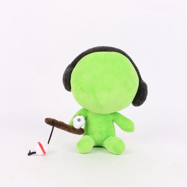 peluche de alan becker, peluche humano de dibujos animados, muñeco de peluche de anime suave y abrazable, peluche de anime relleno para dormitorio, regalo sorpresa para amigos Peluche verde de felpa de 20 x 11 x 20 cm con gran cabeza y orejeras negras, sentado y sosteniendo un accesorio de pesca marrón con señuelo blanco y rojo sobre fondo blanco. Diseño compacto y portátil, a menudo usado como peluche de viaje o decoración de dormitorio.