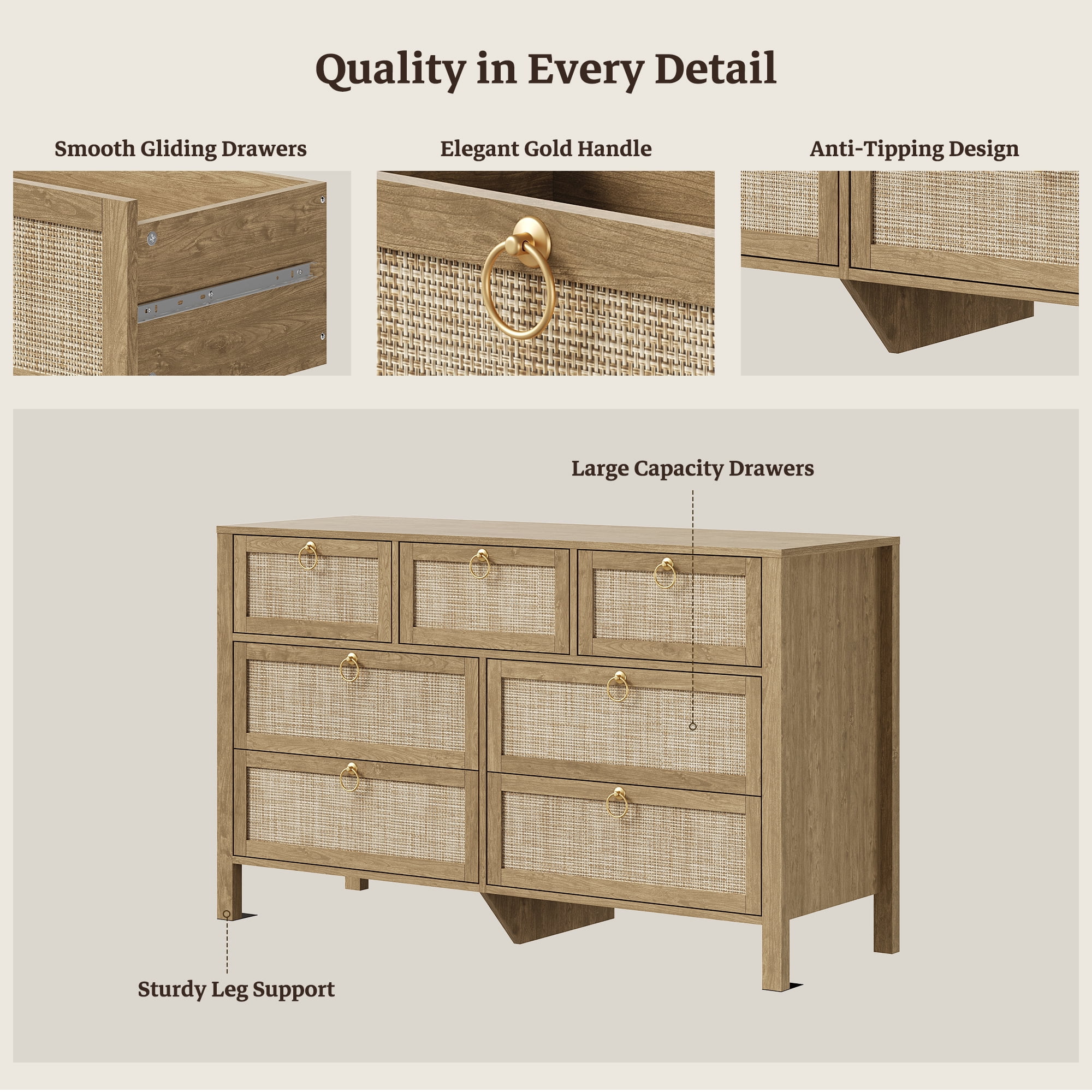 SICOTAS 51.18" Wide Boho Dresser with 7 Storage Drawers,Rattan Chest of Drawer for Bedroom, Large Capacity Organizer TV Center for Living Room in Carbon Cherry Oak