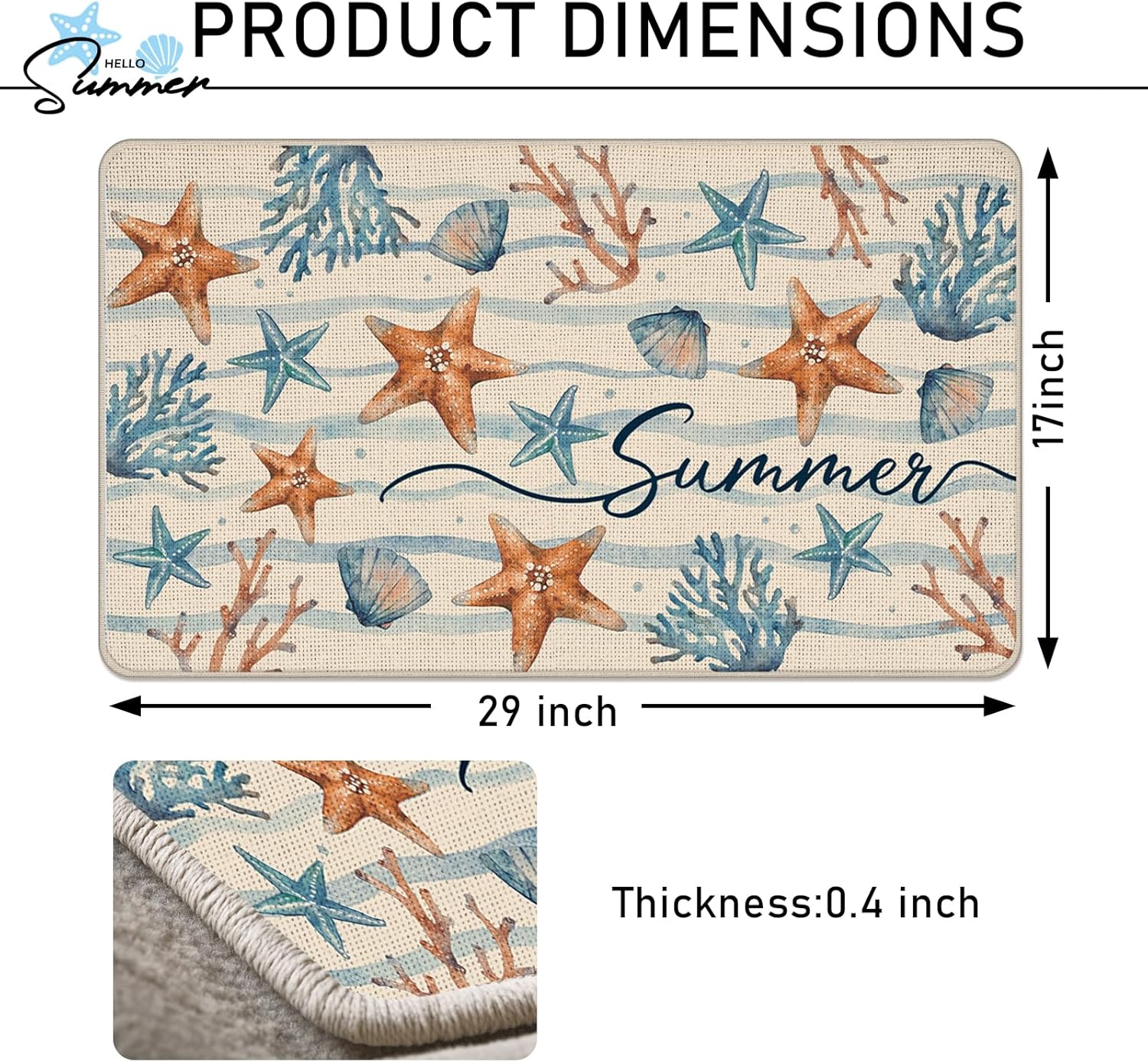 Summer Starfish Shell Coral Decorative Front Door Mat, Beach Coastal Wave Stripes Doormat Indoor Outdoor Non-Slip Floor Entryway Rug, Nautical Seasonal Home Kitchen Decoration 17x30 Inch