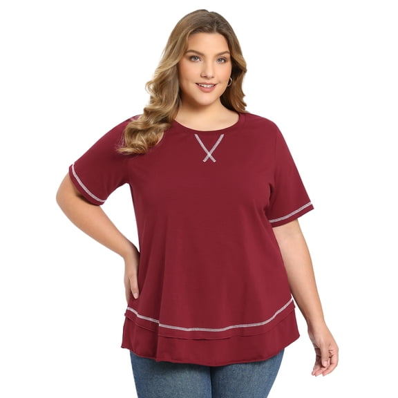 DARING DIVA Women's Plus Crew Neck Short Sleeve Loose Knit Blouse Tops 1X Burgundy