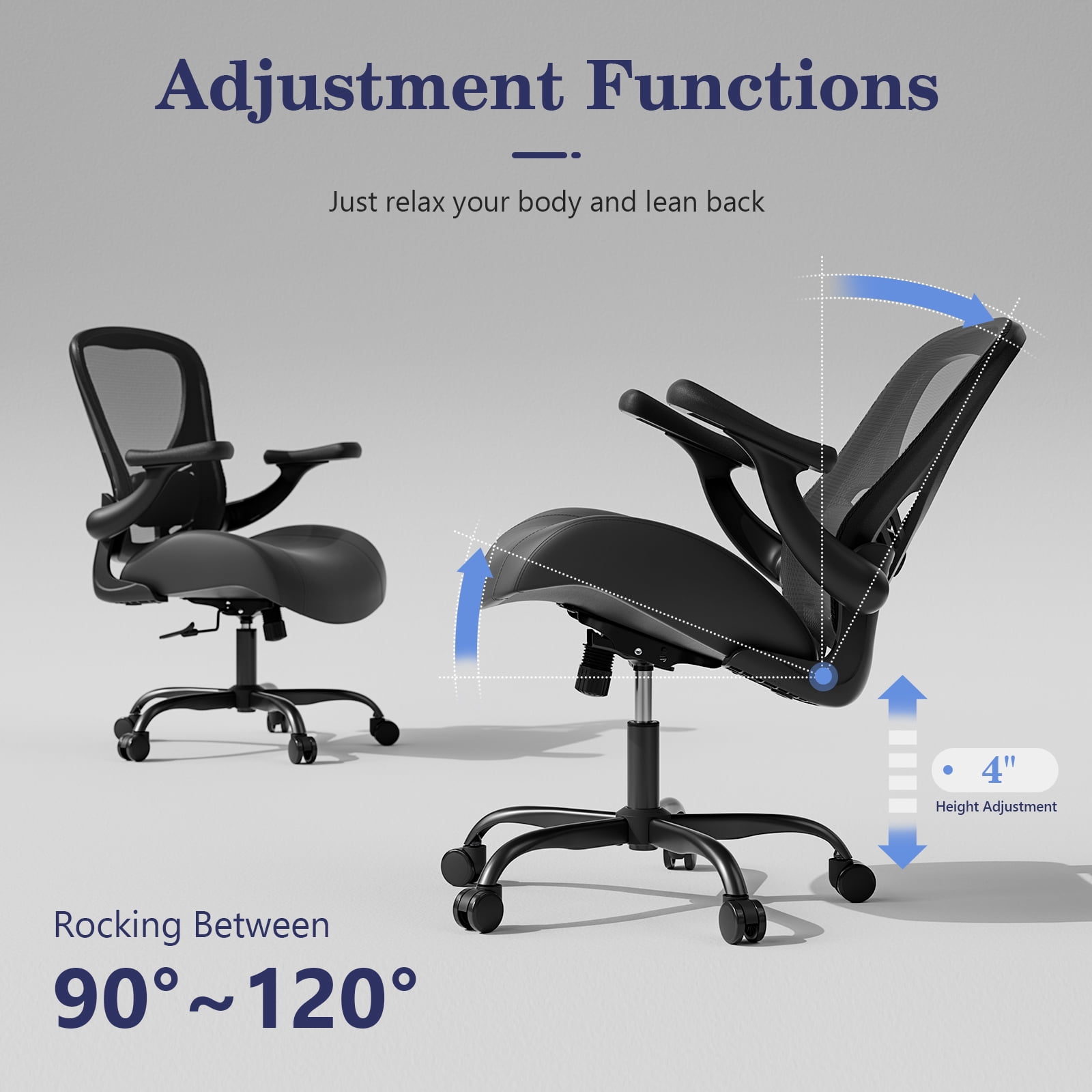 Ninecer Mesh Office Chair, PU Leather Cushion with Lumbar Support & 3D Armrests, Ergonomic Computer Desk Chair for Home Office, Adjustable Height Swivel Task Chair, 350lbs, Black
