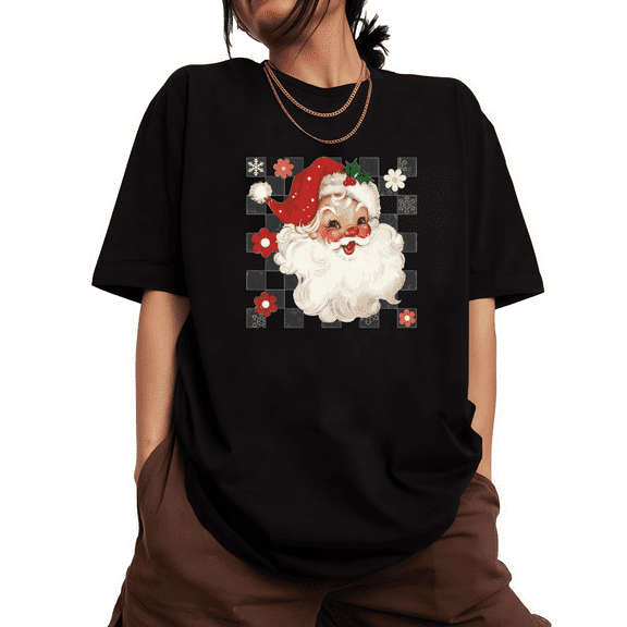 Women Christmas Graphic Tee T-Shirt Retro Santa Checkered Christmas Top Print Short Sleeve Round Neck Black S-5XL
