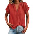 thumbnail image 2 of Awwp Cotton Linen Tunic Blouse Women - V-Neck Short Sleeve, Loose Flowy Top, Red, S, 2 of 6