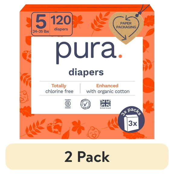 (2 pack) Pura Sensitive Soft Sustainable Baby Diapers Size 5, 120 Count (Choose Your Size and Count)