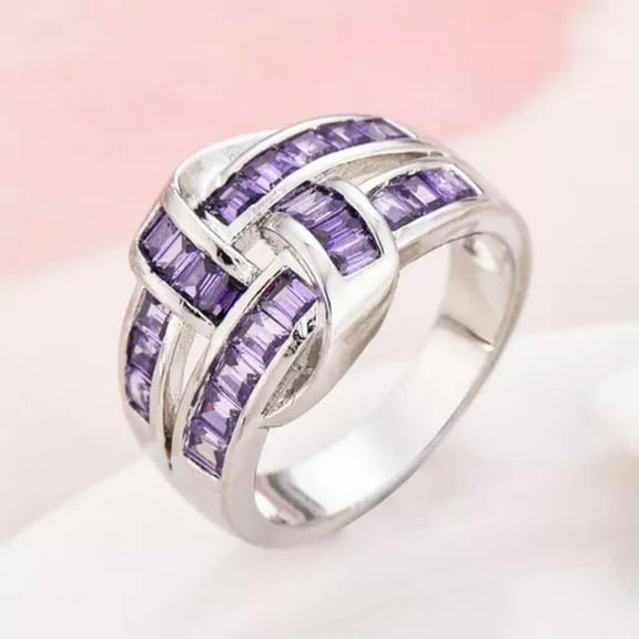 Women's Purple CZ Cross Band White Gold Filled Engagement Wedding Ring Jewellery