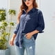 thumbnail image 4 of Camisa casual con botones para mujer, blusa holgada de manga larga con cuello vuelto, blusas con bolsillo para trabajo de oficina, azul oscuro M, 4 of 7