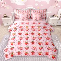 Manfei Cute Strawberry 7pcs Bedding Comforter Set,Bow Tie Ribbon Queen Bedding Sets,Pink Loves Pattern Queen Sheet Sets For Girls Kids,Breathable Home Decor Reversible