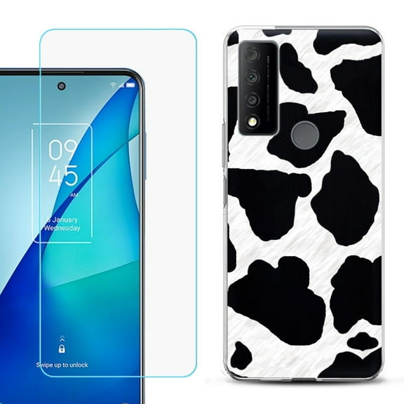 Slim-Fit Gel TPU Phone Case for TCL 4X 5G, with Tempered Glass Screen Protector, by OneToughShield ® - Cow Skin Design