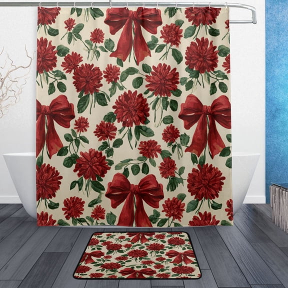 TTYFWHD 60" x 72" Shower Curtain and Bath Mat Set Red Christmas Bows and Floral Waterproof Bathroom Curtain with 12 Hooks, Bathroom Decor Set