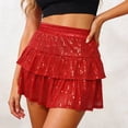 thumbnail image 4 of vigerkar Women Sequin Skirt Sparkly Cute High Waist Ruffle Flowy Shiny Glitter Mini Short Skirts Night Out Club Party (Red, L), 4 of 5