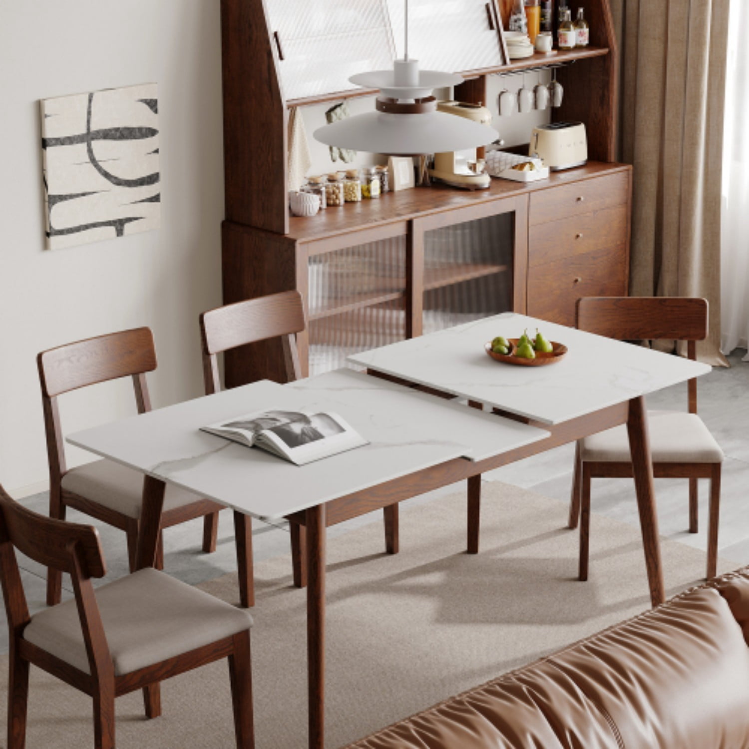Extendable Solid Oak Dining Table, 47.2"-59.1" Modern Farmhouse Wood Kitchen Table with White Sintered Stone Top, Seats 6-8, Walnut