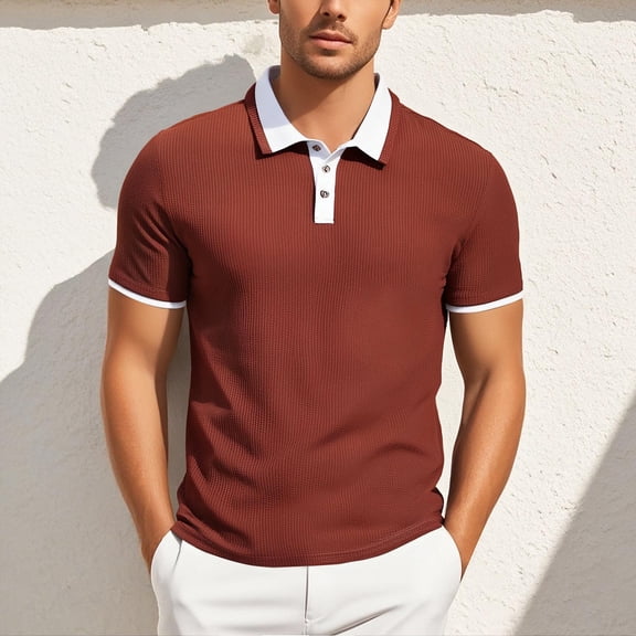 Men's Polo Shirts with Collar Solid Color Summer Casual Button Business Commuting Short Sleeved Golf Shirts for Men Brick Red L