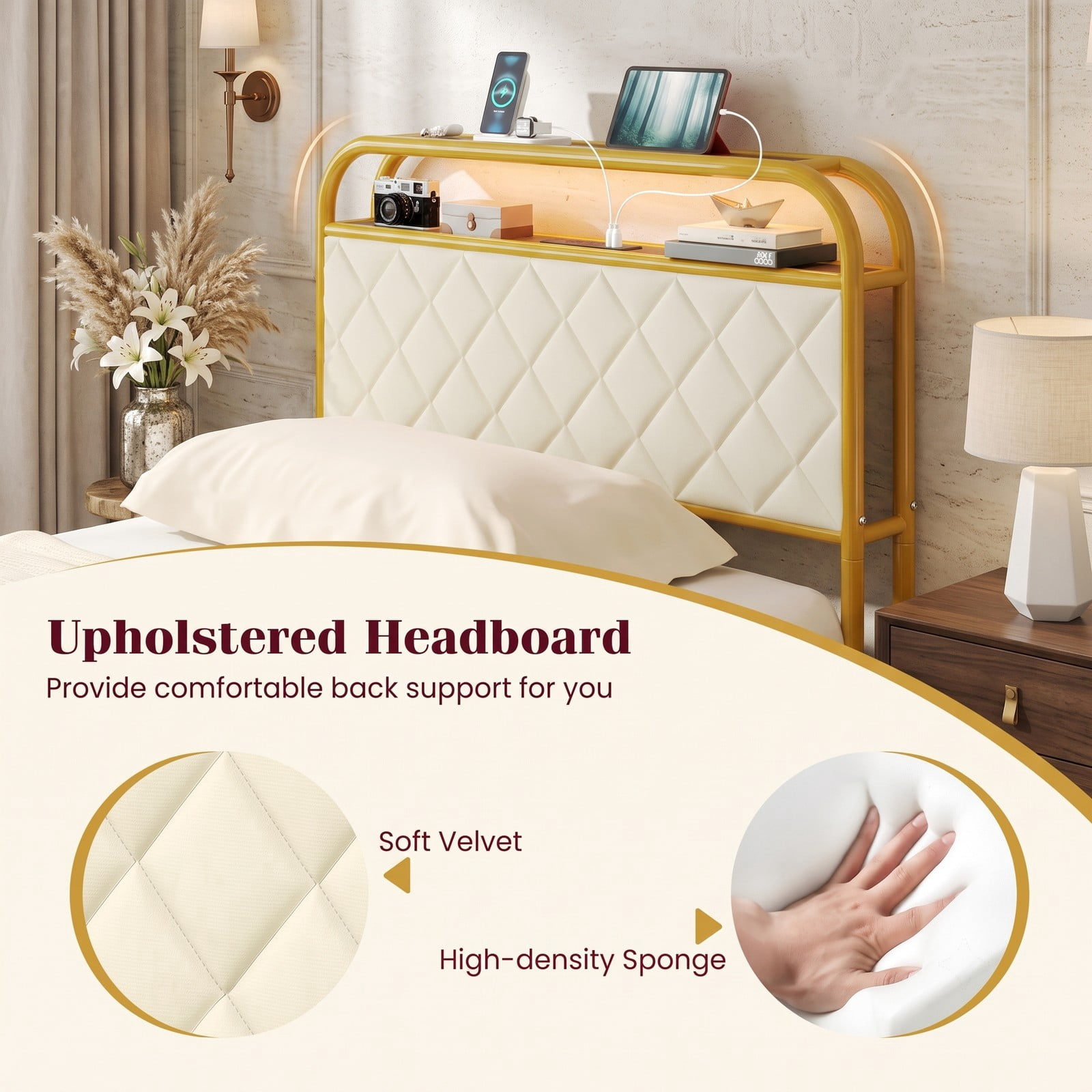 Furnibear Twin Size Metal Bed Frame with LED Lights Charging Station Storage Drawers and Upholstered Headboard for Bedroom, Gold
