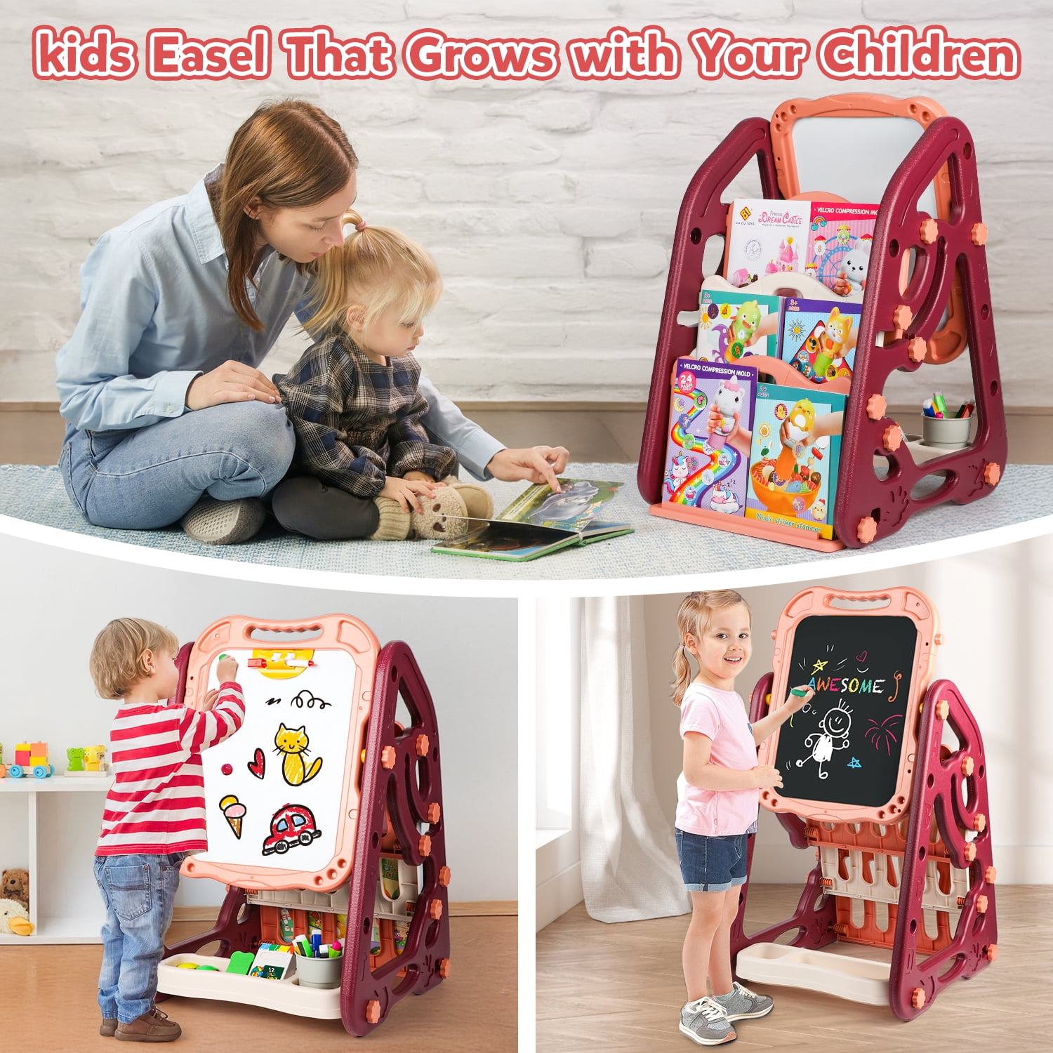 UUSUOO Easel for Kids,3 in 1Double Sided Art Easel with Magnetic White Board & Chalk Board,Adjustable Standing Toddler Easel with Art Accessories,Christmas Gift for Kids Ages 3+,Red