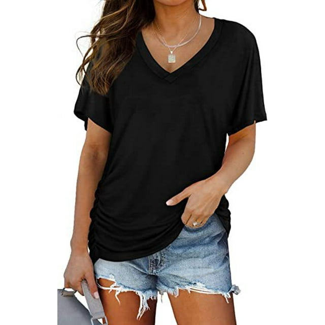 Womens Short Sleeve V Neck Dolman Tops with Side Shirring Loose Fit Shirts