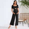 thumbnail image 2 of Women's Maternity Cutout Jumpsuits Short Sleeve Sweetheart Neck Casual High Waist Wide Leg Rompers, 2 of 5