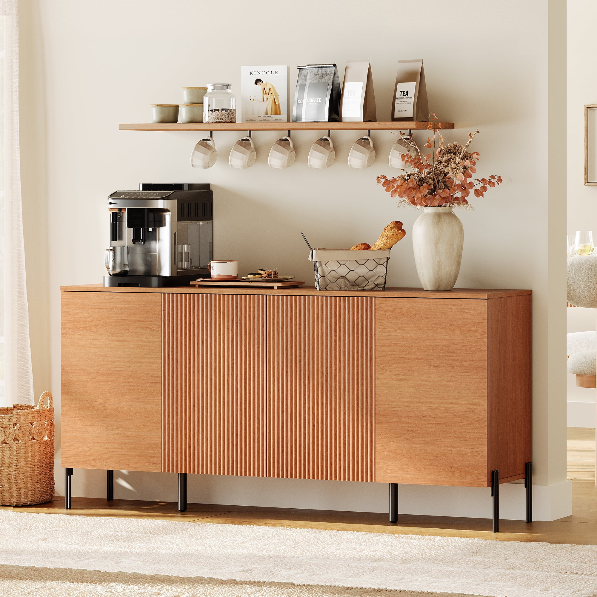 61" Minimalist 4-Door Sideboard With Rectangular Geometric Design And Double Chopstick Leg Base