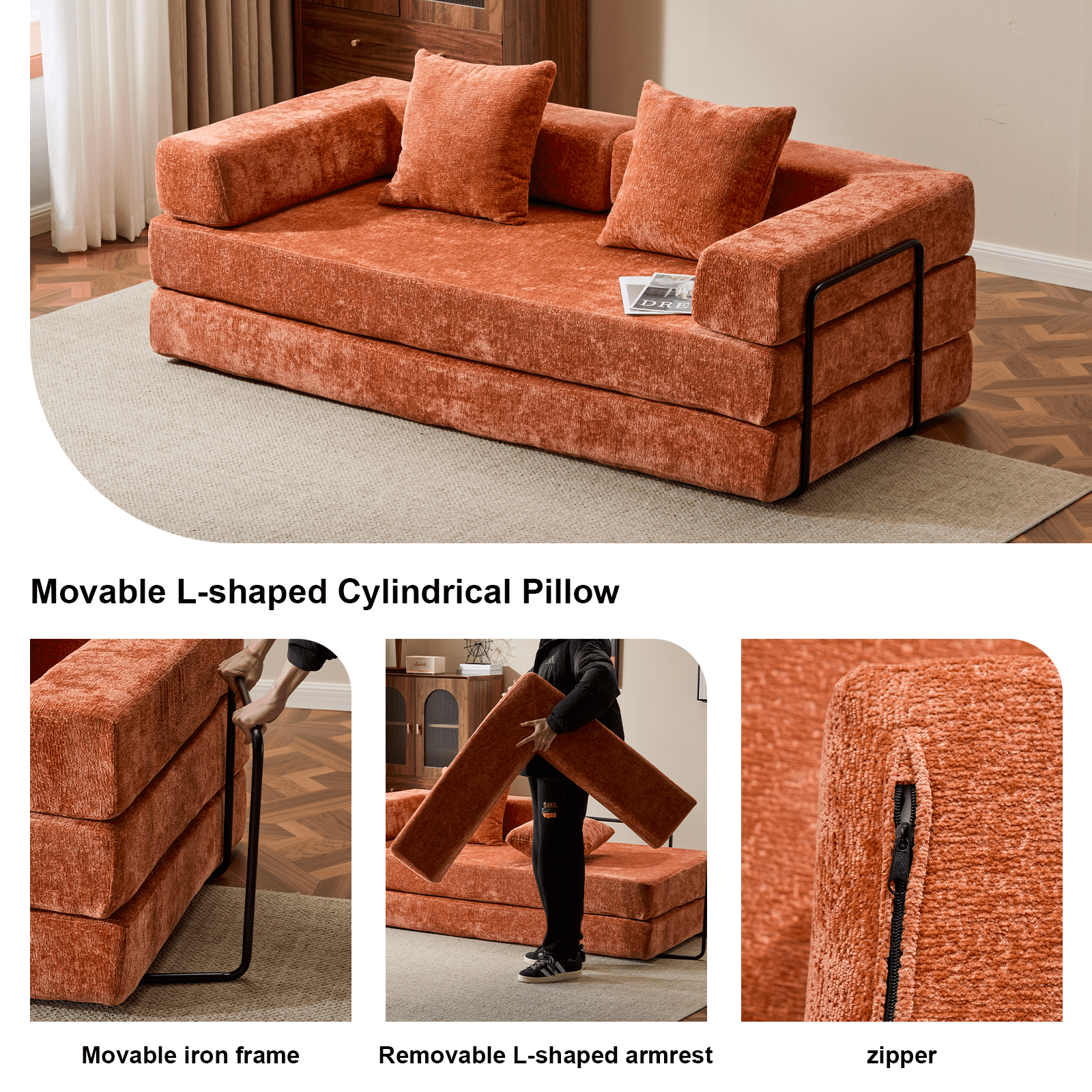 BSHTI Convertible Sofa Bed with Pillows, Chenille Folding Floor Sofa, High Rebound Density Sponge Boneless Couch for Living Room Bedroom Apartment Office, No Assembly Required, Orange