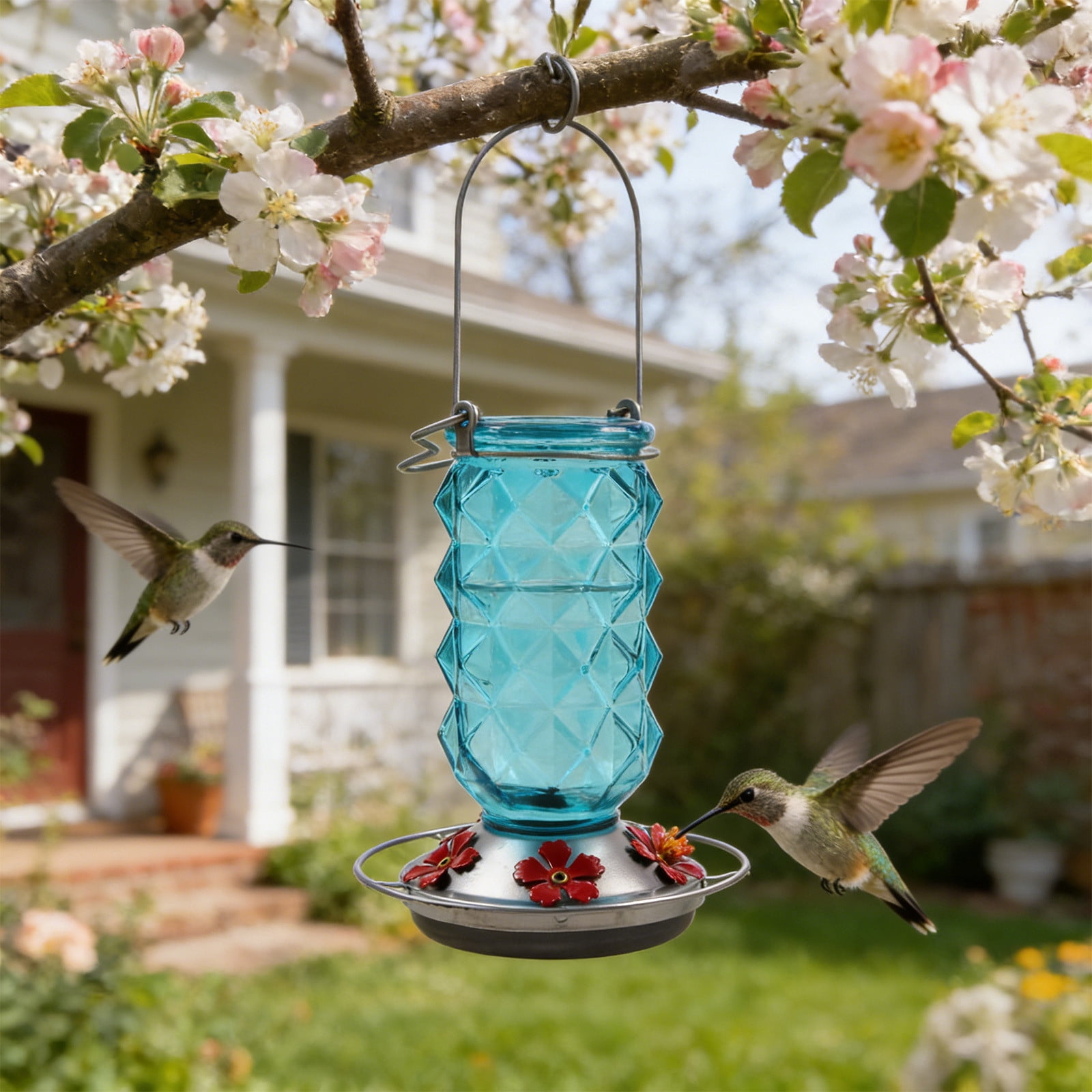 BZPIZ Hummingbird Feeders for Outdoors, Hanging Glass Bowl Hummingbird Feeder with Flower Shaped Feeding Ports, Bird Baths for Hummingbirds, Garden Patio Backyard Lawn Decor Blue