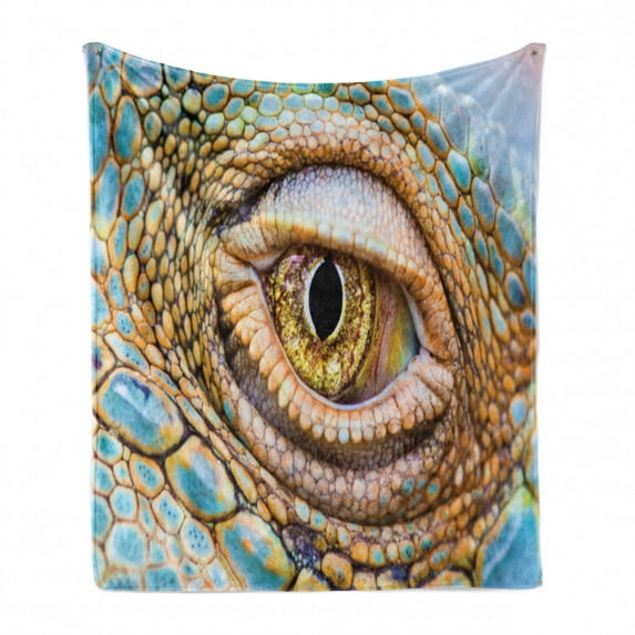 Reptile Soft Flannel Fleece Blanket, Graphic of Creepy Eye of Iguana with Colorful Details in Skin Tropical Theme Print, Cozy Plush for Indoor and Outdoor Use, 50" x 70", Multicolor, by Ambesonne