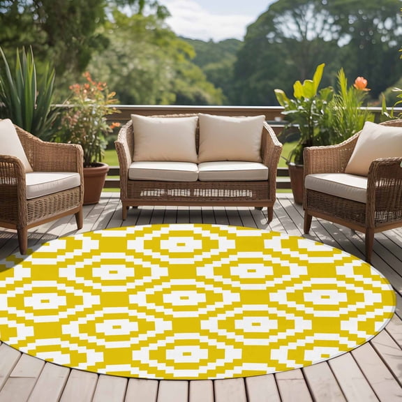 Yellow Modern Geometric 6ft Round Rug for Living Room Under Coffee Table, Abstract Square Low Pile Washable Non Slip Circle Area Rug