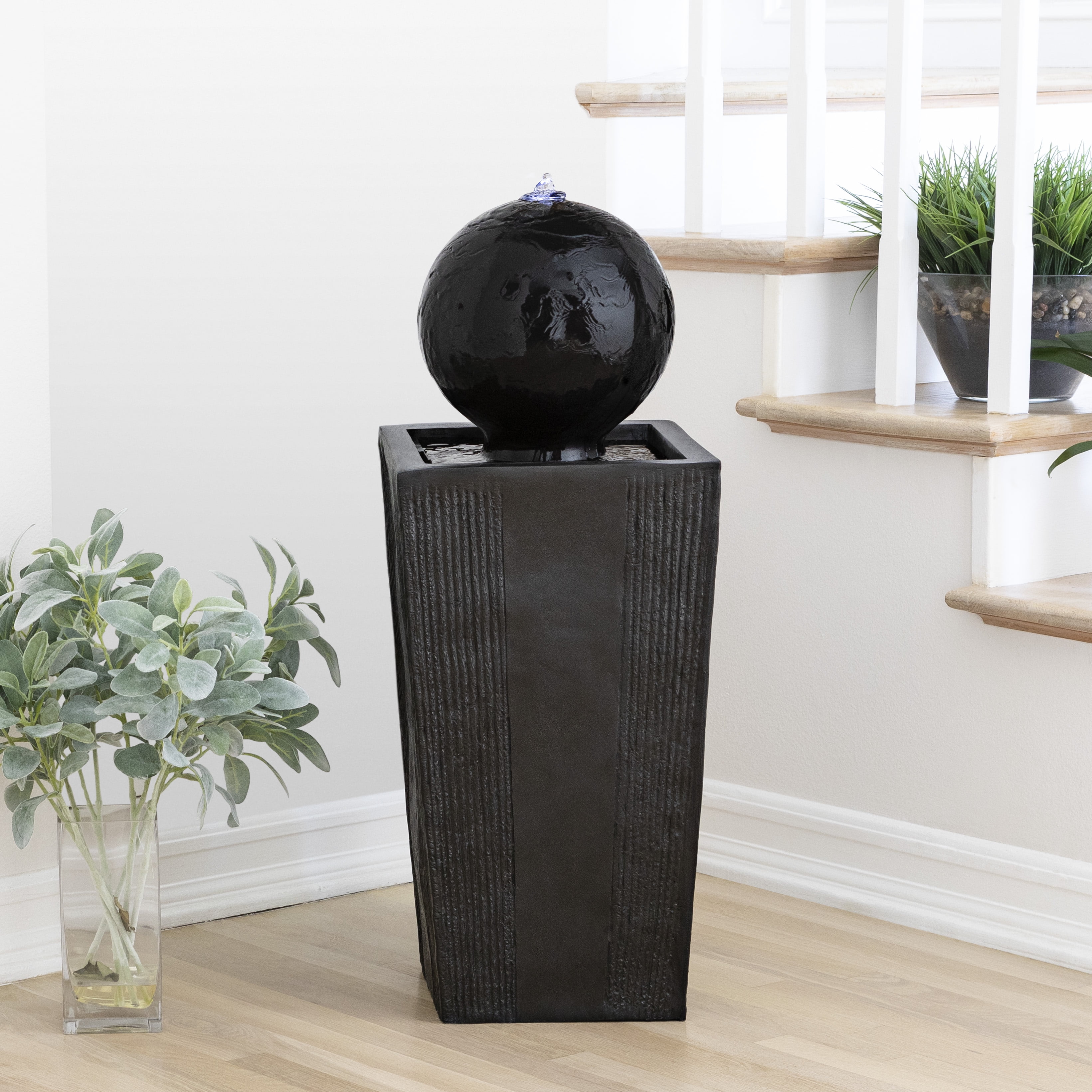 Alpine Corporation Modern Sphere and Pedestal Outdoor Fountain with LED