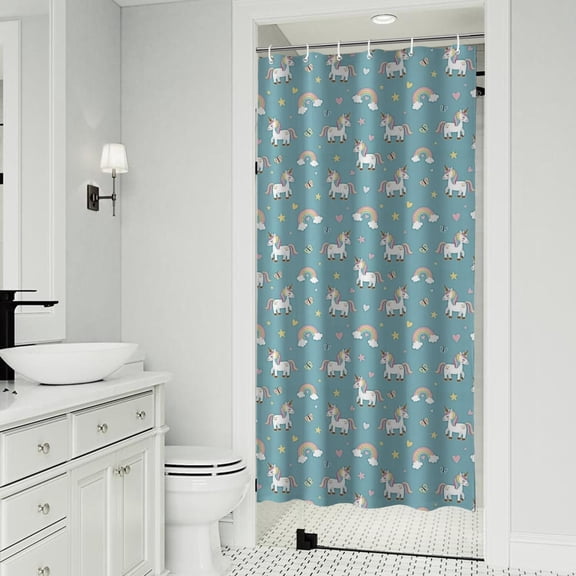 Blue Cartoon Unicorn Rainbow Cloud Star Butterfly Shower Curtain 36"x72" ,Bathroom Decorative Shower Curtains Set with 12 Hooks,Modern Waterproof Washable Shower Curtain