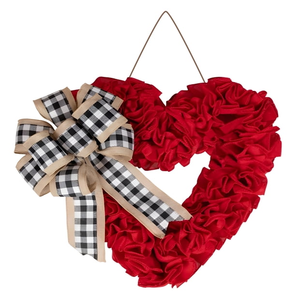 Corona de San Valentín para puerta de entrada, corona de arpillera con forma de corazón, corona de San Valentín para puerta con lazo de cuadros escoceses