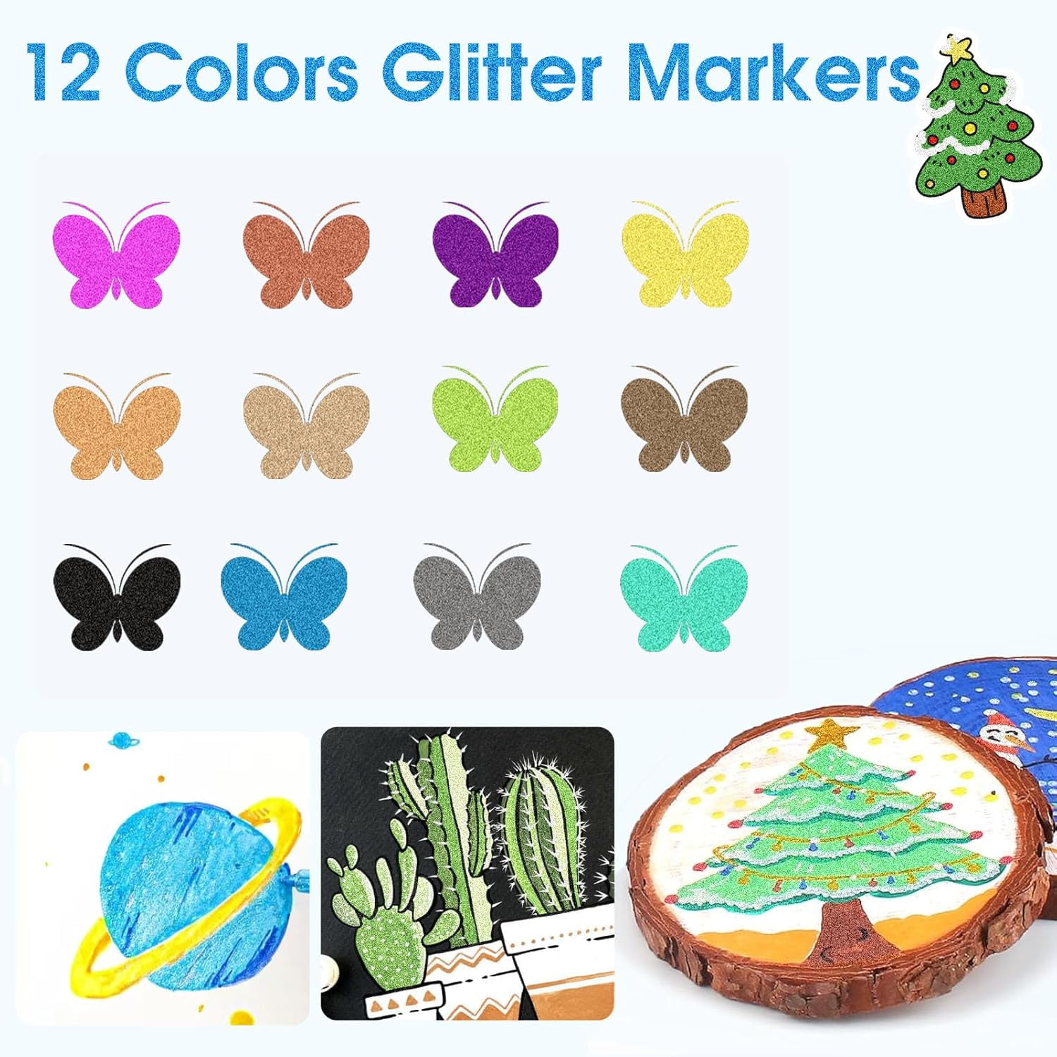 Glitter Marker Pens, 12 Colors Metallic Shimmer Glitter Markers Paint Pens, Glitter Art Marker for Adults DIY Crafts Greeting Birthday Cards Making Poster Album Scrapbooking Wood