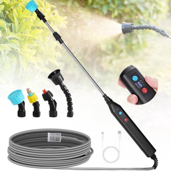 33in Garden Wand Sprayer Battery Powered Telescopic Wand with 3 Adjustable Speed, Battery Indicator, 4 Mist Nozzles, 10ft Hose, Portable Electric Watering Wand Sprayer for Lawn Garden Yard