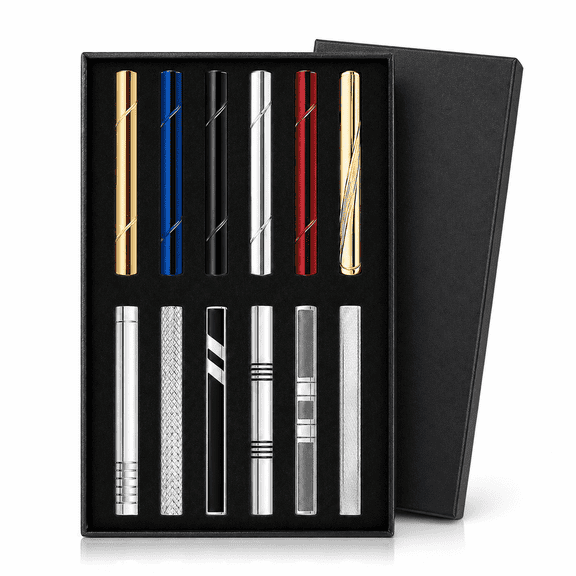 12 Pcs Tie Clips for Men Gift Set, Classic Tie Bar Clip Set with Luxury Box, Black Silver Gold Blue Tie Clips for Wedding Business Father's Day