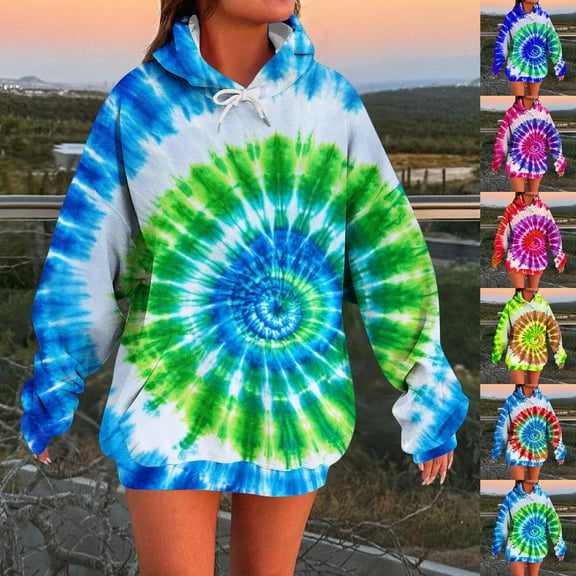 Olyvenn Women's Fashion Tie Dye Hoodies Fall Fashion Long Sleeve Pullover Casual Loose Fit Sweatshirt with Pockets Blue XXL