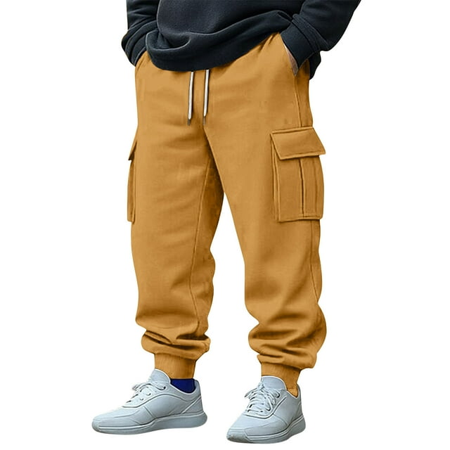 Moxiu Pantalon Cargo Multi-Poches d'Hiver pour Hommes Extensible avec Cordon de Serrage Décontracté pour Randonnée Jogging Jaune,TTG
