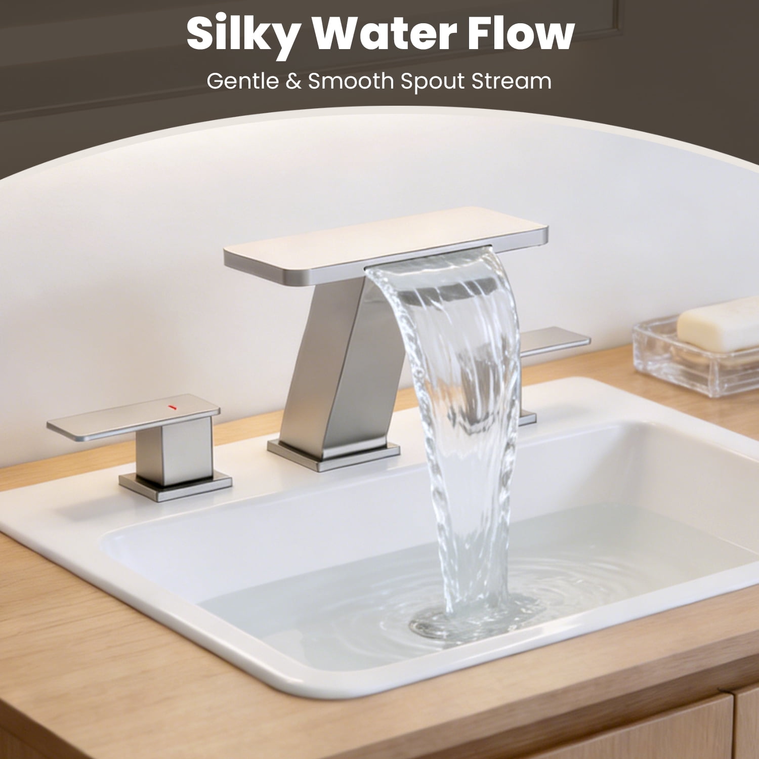 Waterfall 8 in. Widespread 2-Handle Bathroom Faucet, Brushed Nickel, 3-Hole Sink Faucet with Pop-Up Drain & Splash-Free Flow