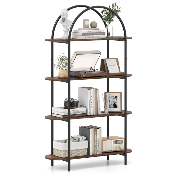 Costway 1 PCS Arched Bookshelf, 4-Tier Open Bookcase with Sturdy Metal Frame for Living Room Rustic Brown and Black