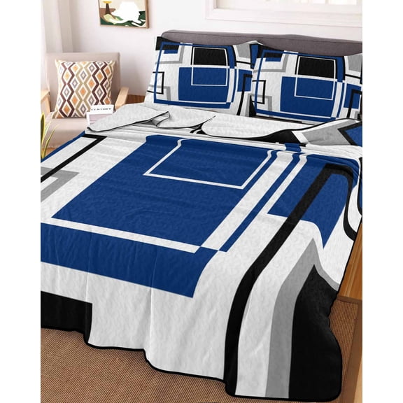 Blue Black Geometric King Size Down Alternative Comforter, Lightweight Comforter Quilt Bedding Set with Pillow Shams Modern Minimalist Abstract Stripes All Seasons Bed Comforter Duvet Insert 96"x106"