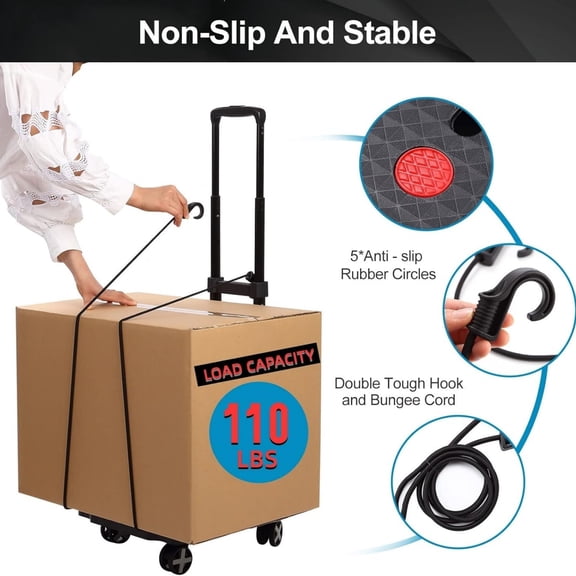 Folding Hand Truck Lightweight Hand Truck Dolly Foldable,Luggage cart with 4 Rotate Wheels, Utility Cart with Adjustable Handle,Collapsible Dolly for Moving (Black)