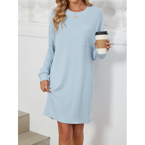 SHIBEVER Long Sleeve Dress for Women Dressy Crewneck Shift Dresses Trendy  Solid Color Stripe Shirt Dresses for Women with Pocket Size L - Walmart  Business Supplies