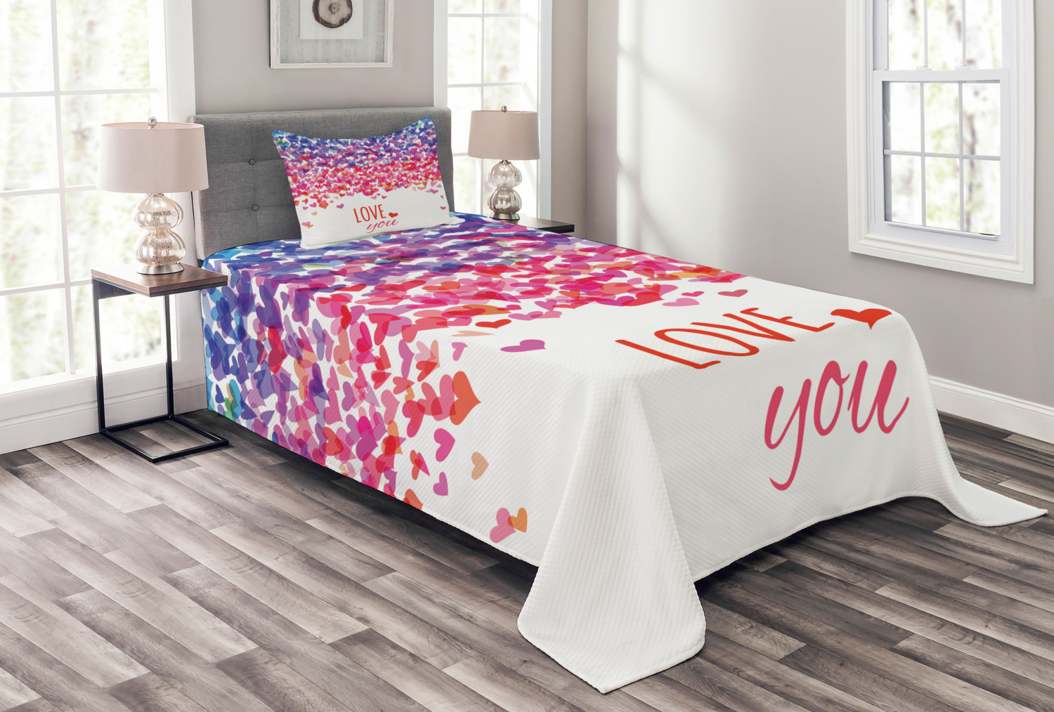 Love Bedspread Set Twin Size, Hearts and Love You Message Romantic Valentine's Day Inspired