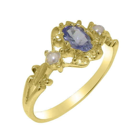 LBG British Made 9k Yellow Gold Natural Tanzanite & Cultured Pearl Womens Anniversary Ring - 33 size options - Size 10